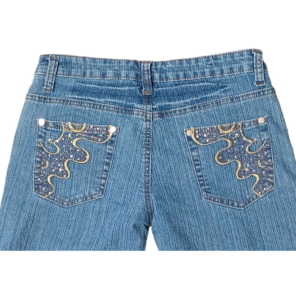 Y2K McBling Charlotte USA Jeans Women 7/8 Blue Crystal Embroidered Flare Pants